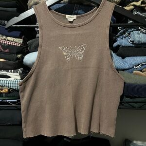 Garage Taupe Tank Top with Rhinestone Butterfly